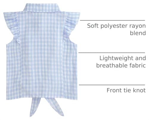 Image of Girls Sleeveless Plaid Button Down Shirt Summer Crop Tops Tie Knot Ruffle Sleeve Shirt Blouse 3-12Y