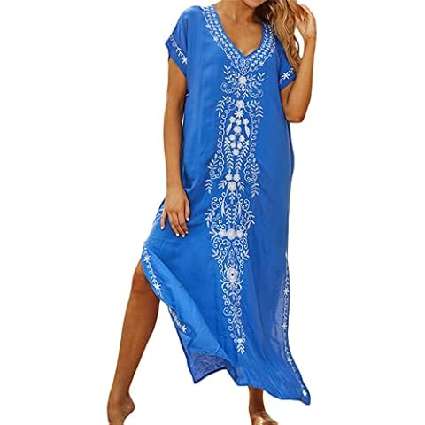 FeMereina Women Beachwear Turkish Kaftans Long Swimsuit Cover up Caftan Beach Dress Loose Short Sleeve Swimwear (Blue, One Size) Cover