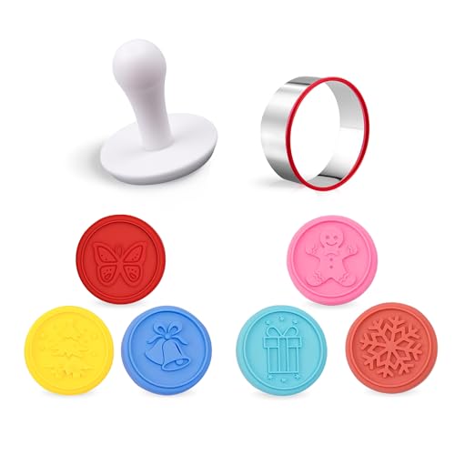 Cookie Stamps Set, Colorful Silicone Cookie Press, 6 PCS Stamps with Ring Cutter and Handle for...