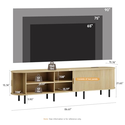 Image of 86.6 inch TV Stand with Power Outlet, Mid-Century Modern Television Stand, Fluted Media Console with Sliding Doors, Entertainment Center for TVs up to 90 Inch, Adjustable Shelves, Oak