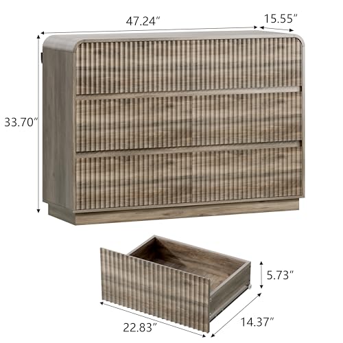 Image of Wodeer Grey Dresser Fluted 6 Drawers Dresser for Bedroom, 47 inch Wide Wood Chest of Drawers with Hidden Handles & Rounded Corners, Modern TV Stand Storage Cabinet for Living Room, Hallway, Entryway