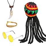 KQDRAVINE Gorro rasta rastas con gafas amarillas, pulsera trenzada, collar, sombrero reggae, sombrero rasta, peluca jamaicana, accesorio de disfraces para cosplay