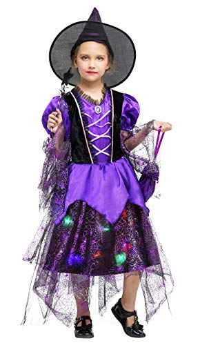 Gift Tower 4er Hexenkostüm Mädchen LED Hexenkleid Kinder Halloween Kostüm für Halloween Karneval Fasching Cosplay Kleid + Hexenhut + Beutel + Zauberstab Violett M/für 4-6 Jahre