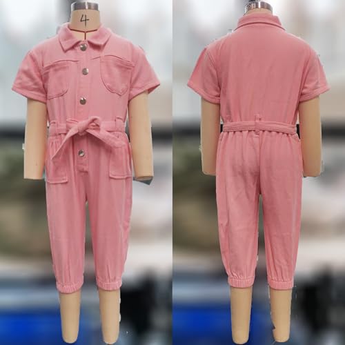 2PCS Toddler Baby Girl Jumpsuit Overalls Lapel Short Sleeve Pockets Button Down Cargo Pants + Belt Sets2