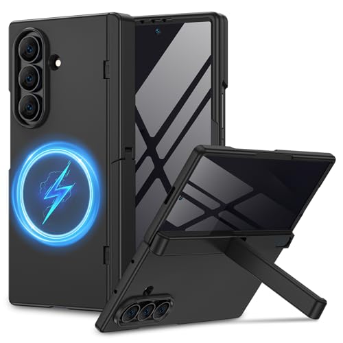 for Samsung Galaxy Z Fold 6 Case with Privacy Screen Protector, [Compatible with Magsafe] [Hidden Kickstand][Hinge Protection] Full Body Hard Shockproof Slim Phone Cover for Z Fold 6 - Black