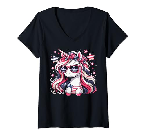 Mujer Unicorn 4th of July Girl Clothes Outfit Little Girls Kids Camiseta Cuello V