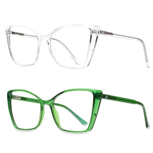 Image of 2 Pack Blue Light Blocking Glasses for Women, Oversized Trendy Cat Eye Computer Gaming Glasses Anti Glare & UV Glare RF6204 (Clear + Basil Green Cateye Frame)