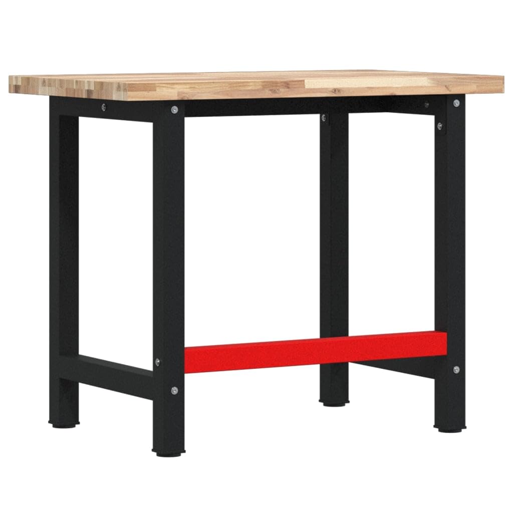 Banco de trabajo de madera maciza de acacia, 100 x 60 x 83 cm, rectangular con estructura de metal pulverizado, mesa de trabajo estable para taller, garaje, sala de ocio y bricolaje