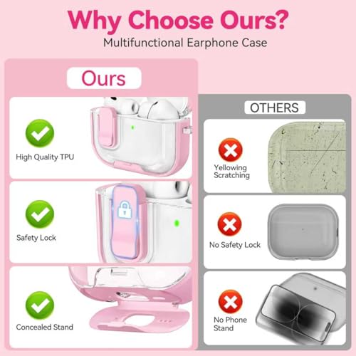 for AirPods Pro 3 Case 2025, with Keychain & Cleaner Kit, Soft TPU Cover for AirPods 3rd Generation Case with Safety Lock & Phone Stand, iPod Pro 3 Case Clear Cute Funny for Women Girls - Pink by Ekoonpft - Image 8