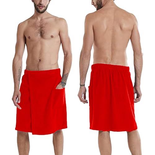 Jamron Mens Adjustable Bath Towel Wrap - Wearable Towel Skirt with Pocket for Gym Shower Sauna Spa & Beach Cover Ups Red M - Image 2