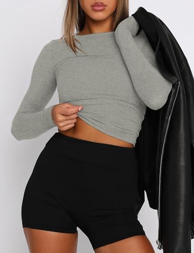 Image of AKEWEI Long Sleeve Crop Tops for Women 2 Pack Fall Going Out Outfits Cute Tight Basic Tees Shirt