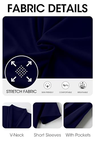Image of FANDEE Midi Dress for Women Casual Short Sleeve A-line Semi Formal Fit and Flare Dress Classy Tie Neck Work Business Dresses