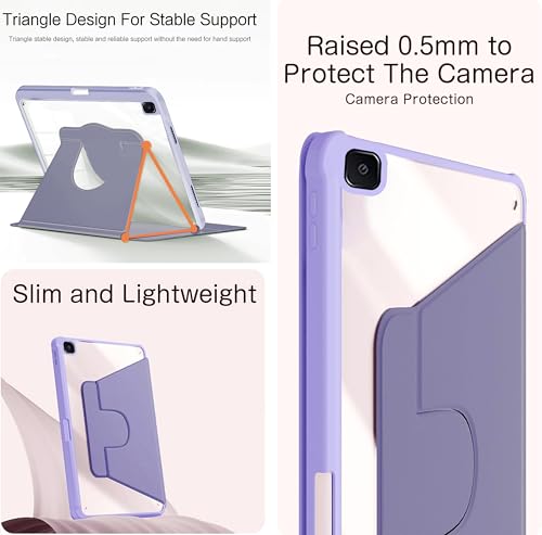 Image of TGK Rotating Case for Samsung Galaxy Tab S6 Lite 10.4 inch SM-P610 P615 P613 P619 with Pencil Holder Trifold Stand Cover Clear Back (Lavender)