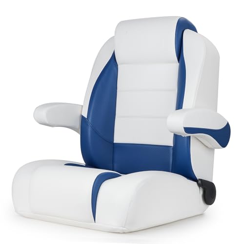 NORTHCAPTAIN Premium Reclining High Back Pontoon Captain's Chair Boat Bucket Seat with Removable Armrest,White/Pacific Blue