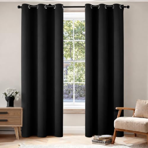 Image of MIULEE Black Blackout Bedroom Curtains 84 Inch Long Light Blocking | Grommet Top, Room Darkening Window Drapes, Privacy Protection, Thermal Insulated, Heat Blocking