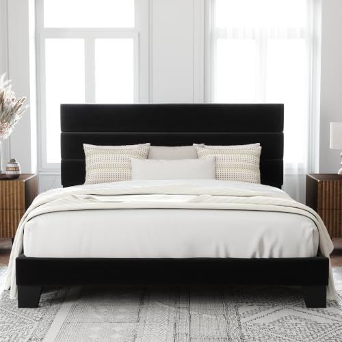 Image of Allewie Cal King Size Platform Bed Frame with Velvet Upholstered Headboard