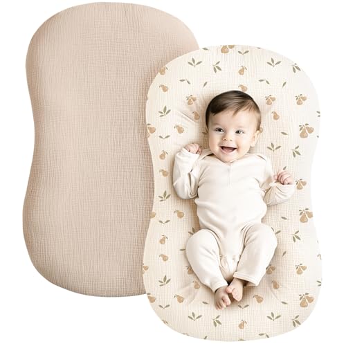 Image of Konssy Muslin Baby Lounger Cover 2 Pack, 100% Cotton Newborn Lounger Cover, Soft and Breathable Baby Nest Slipcover for Boys Girls (Summer Wheat, Pear)