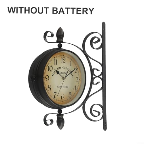 Reloj de pared de doble cara estilo estación de hierro redondo antiguo de 8 pulgadas reloj silencioso de cuarzo con números grandes para sala de estar, pasillo, porche, reloj de pared retro vintage