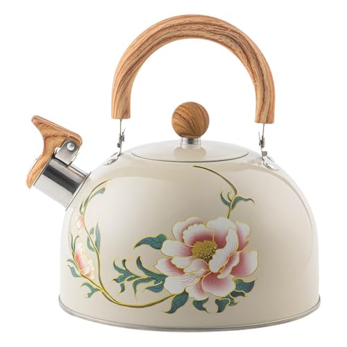 Image of Teapots, Pink Floral Pattern Teapot with Wood Handle Water Boiling Pot 3-Quart Stainless Steel Teakettle