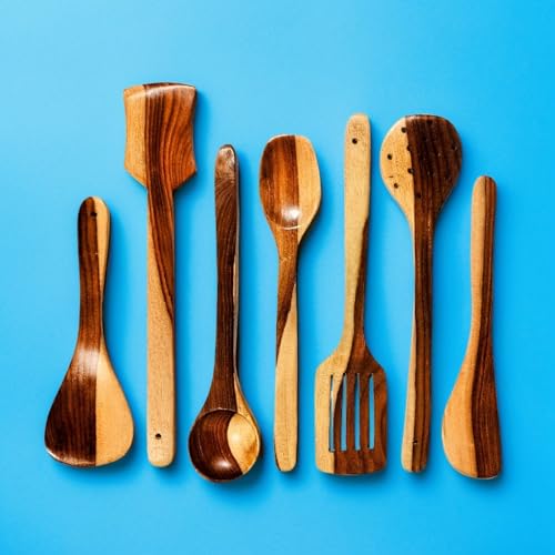 Image of Foxwood- Sheesham Wood Spatula Set | Spatula Set for Cooking Includes Frying, Serving, Spatula, Chapati Dessert, Rice Spoons | Kitchen Utensils. (Pack of 7)