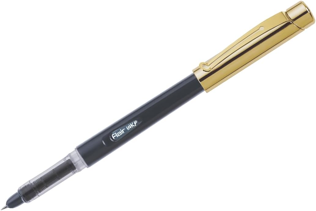 FLAIR Inky Series Gold Liquid Ink Fountain Pen Blister Pack | Stainless Steel Nib with Round Tip | Free 5 Pieces X-Large Jumbo Cartridges | Smudge Free Writing | Blue Ink, Pack of 1