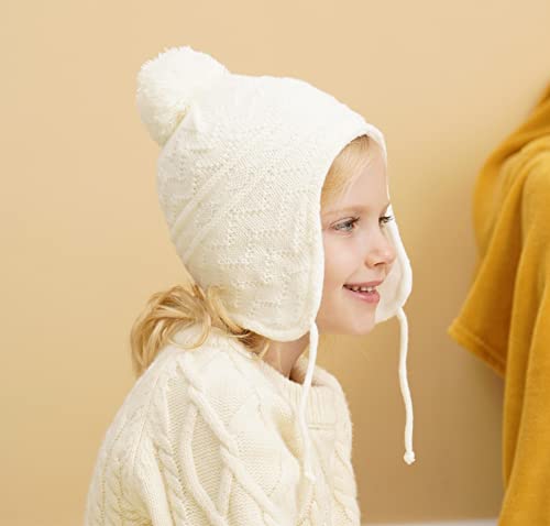 Connectyle Toddler Boys Beanies With Pom Kids Fleece Lined Earflap Knit Winter Skull Caps M White #TOP3