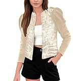 Duohropke Chaqueta de mujer con lentejuelas y brillo, manga larga, bomber ajustado, elegante, corta, monocolor, para adolescentes, ropa de calle, brillante, para fiestas, 03 beige., M
