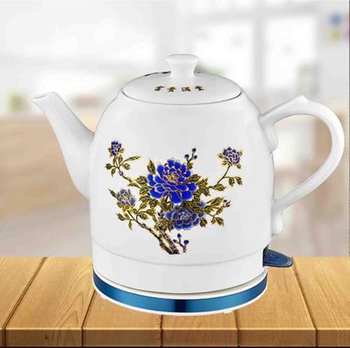 WXPXYBF Ceramic Electric Kettle, 1.5L Cordless Tea Boiler with 304 Stainless Steel Heating Plate, Fast Boiling for Coffee & Oatmeal, Blue and White Porcelain Design