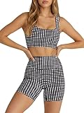 Aoysky Womens Workout Gingham 2 Piece Outfits Padded Open Back Crop Tank High Waist Sports Shorts Sets Casual Yoga Matching Sets