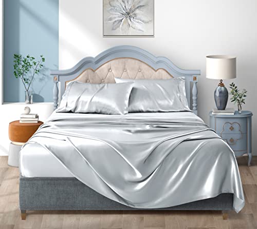 Satin Bed Sheets Queen Sheet Set, Silver Grey Silk Sheets, 4 - Pieces Soft Bedding Set With 1 Deep Pocket Fitted Sheet,1 Flat Sheet,2 Pillowcase #TOP1