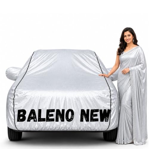 Image of Waterproof Car Body Cover for Baleno New All Weather Protection Comes with Inner Cotton Lining & Triple Stitched with Mirror & Antenna Pocket Belt & Elastic Fit Metallic Silver with Black Piping2