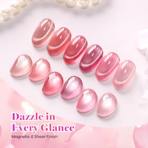 Image of Beetles Misty Blush Glow Pink Cat Eye Gel Nail Polish Set - 6 Colors 15ML Full Size Glitter Pink Spring Cat Eye Gel Polish Kit Magnetic Effect Soak Off UV Nail Art DIY Manicure Gift for Women