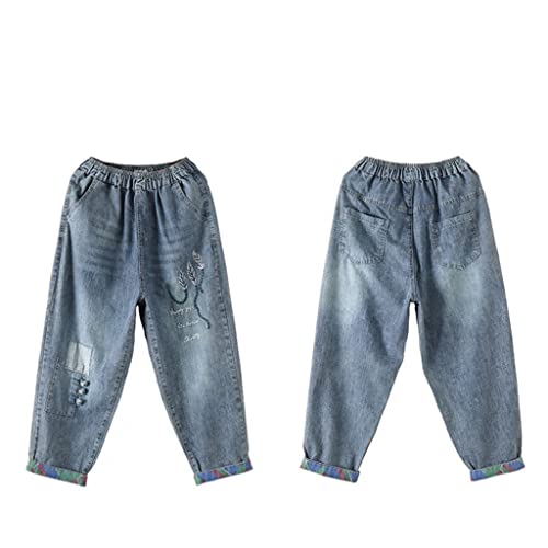 Ccbuy Spring Autumn Women Elastic Waist Cotton Denim Harem Pants Patch Design Vintage Embroidery Loose Casual Jeans (Color : Photo Color, Size : M Code) #TOP4