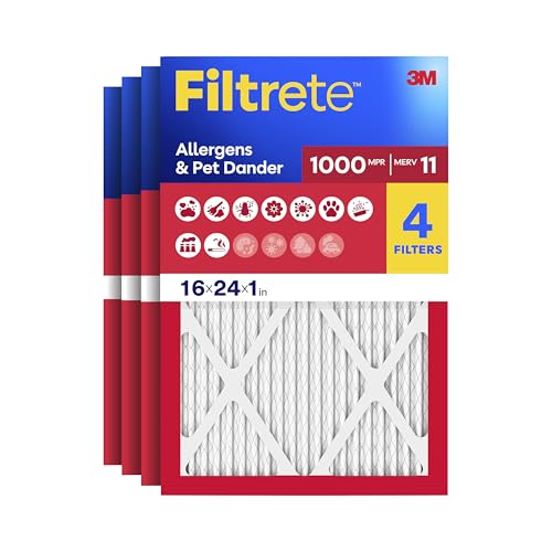 Filtrete 16x24x1 Air Filter MERV 11 MPR 1000 Allergens & Pet Dander 3-Month AC and Furnace Filters Cleaner Air Reliable Airflow 4 HVAC Filters (Actual Size 15.68 x 23.68 x 0.81 in)