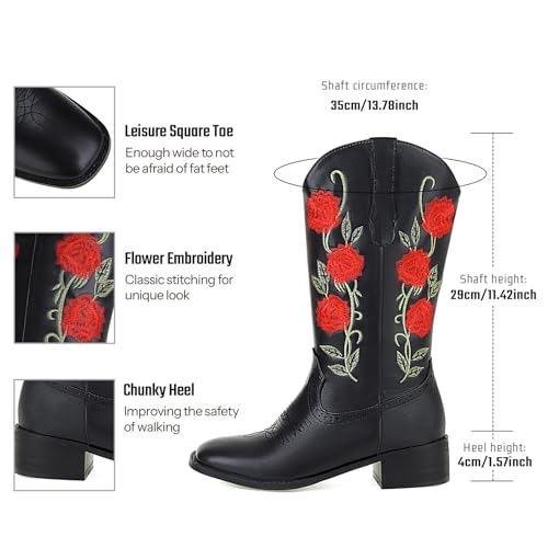 KiutSymo Womens Cute Embroidered Cowgirl Boots Mid Calf Square Toe Chunky Heels Western Work Boots2