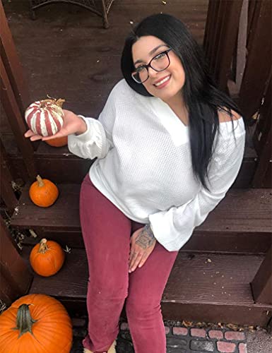 Tobrief Women's V Neck Long Sleeve Waffle Knit Tops Off Shoulder Oversized Pullover Sweater3