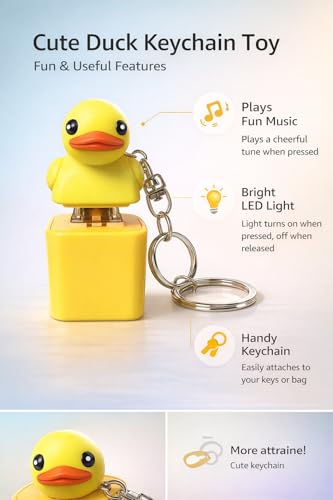 Image of Yellow Rubber Duck Keychain with LED Light & Sound - Cute Duck Key Ring Toy for Kids & Adults, ABS Plastic Body, 6 cm, Novelty Gift Keychain for Car Keys & Bags