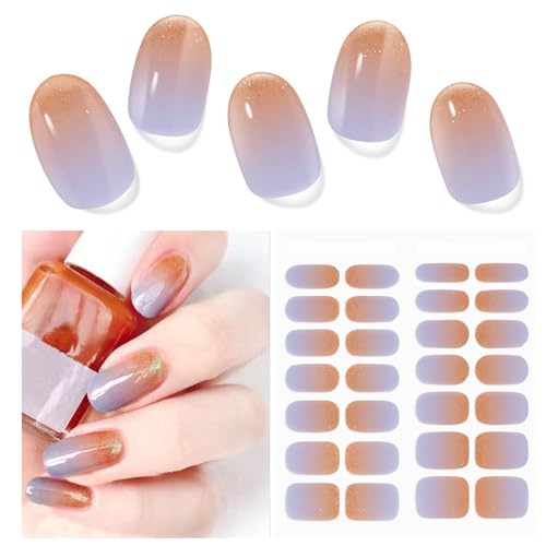 Semi Cured Gel Nail Strips | 28 PCS Gel Nail Stickers Work with Any UV Lamps, Long Lasting Nails Wraps for Women Home DIY Nails Art (Purple Sunset Glow)