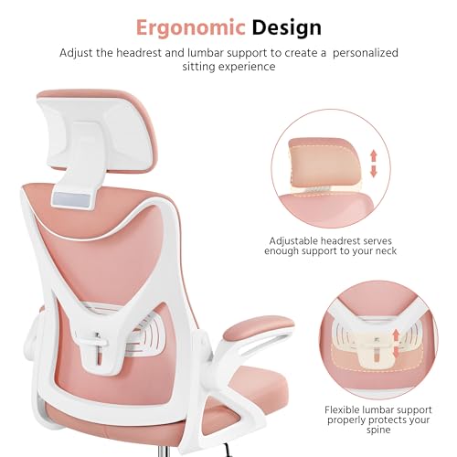 Image of Yaheetech Ergonomic Office Chair with Headrest, Lumbar Support, White /Pink | Breathable mesh high-back adjustable headrest, padded seat, and flip-up armrests supports your back and neck, holds 300lb