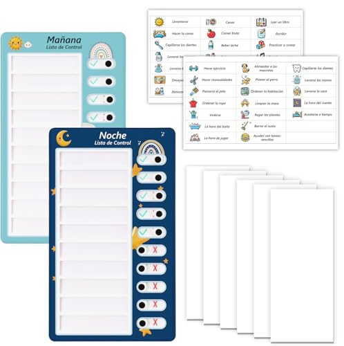 Tableros WALLFID, Pack 2 de Horario Niños Rutinas, To Do List, Habit Tracker, Lista de Control de la Mañana y Lista de Control de la Noche, Sistema Visual