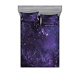 Ambesonne Galaxy Fitted Sheet & Pillow Sham Set, Celestial Stars in Night Sky Stardust in Clouds Fantasy World of Space, Decorative Printed 3 Piece Bedding Decor Set, Queen, Purple