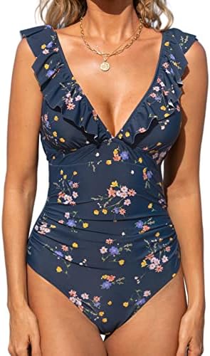 CUPSHE Badeanzug Damen V Ausschnitt Rüschen Monokini Bauchweg | V Ausschnitt,Volants,Bauchweg Raffung,Bequeme Passform,Mittlere Bedeckung,Für Strand und Pool