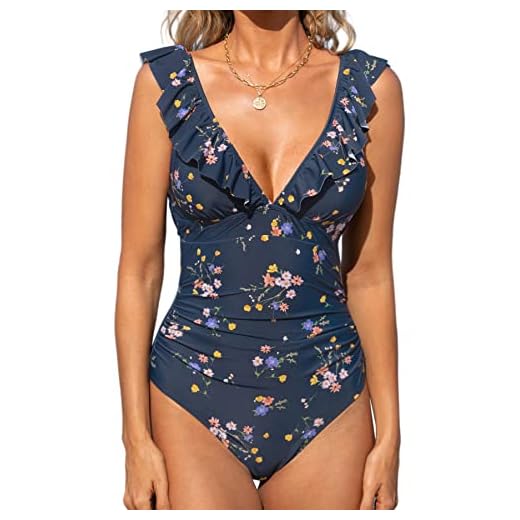 CUPSHE Damen Badeanzug Rüschen V Ausschnitt Bauchweg Raffungen Blumenmuster Einteilige Bademode Swimsuit Denim Blue Floral XL
