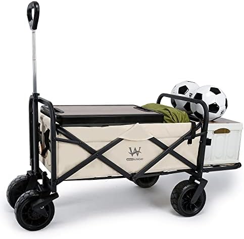 WHITSUNDAY Collapsible Folding Garden Outdoor Park Utility Wagon Picnic Camping Cart with 8“ Bearing Fat Wheel and Brake (Standard Size(Plus+) 8" Wheels with Tailgate (Beige)