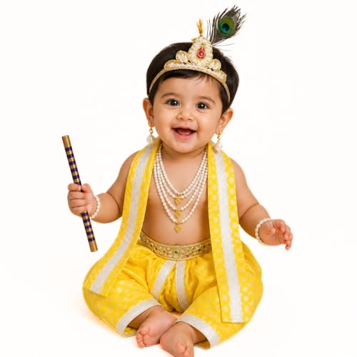Image of ITSMYCOSTUME Krishna Dress for Baby Boy Kids Set of 10(Dhoti,Patka,Hip Cover,Mukut,Morpankh,Bansuri,Kamarband,Bajuband,Kundal) Little Krishna Ji Kanha Janmasthmi Costume for Kids