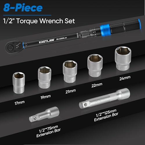 KRETLAW Torque Wrench 8PCs, 1/2" Torque Wrench Set 20-220Nm ±3% Error Accuracy,with Lock and 72 Teeth, 3"& 5" Extensions, 17-19-21-22-24mm Sockets for Car, Motorcycle,Truck 2 KRETLAW Torque Wrench 8PCs, 1/2" Torque Wrench Set 20-220Nm ±3% Error Accuracy,with Lock and 72 Teeth, 3"& 5" Extensions, 17-19-21-22-24mm Sockets for Car, Motorcycle,Truck - Image 2
