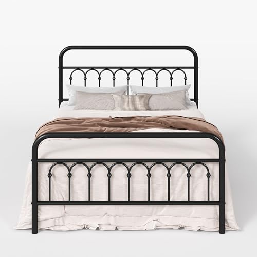 SHA CERLIN Queen Size Metal Platform Bed Frame with Vintage Headboard and Footboard, Iron Arch with Ball Paint Finish, Under Storage Space, No Box Spring Needed, Easy to Assemble, Black
