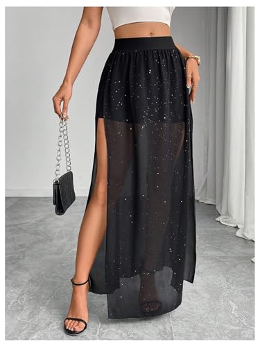 Women's Glitter Sheer Mesh Maxi Skirt Elastic Waist Split Party Long Skirts4