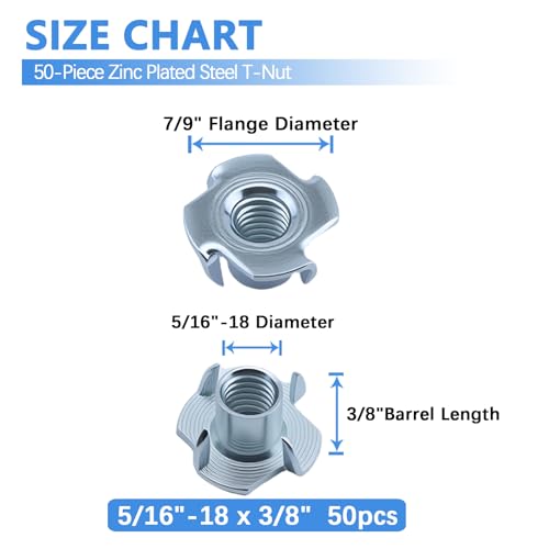 5/16"-18 T-Nuts, 50PCS Zinc-Plated Steel Corrosion Resistant, 3/8" Barrel Length, 4-Pronged Tee Nut for Wood, Rock Climbing Holds, Cabinetry, Furniture by Jovlalis - Image 2