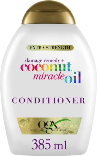 OGX Coconut Miracle Oil Conditioner (385 ml), acondicionador hidratante con aceite de coco, esencia de tiaré y extracto de vainilla, sin sulfatos ni parabenos, para cabello seco y dañado
